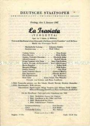 Programmblatt der Deutschen Staatsoper zur Aufführung von "La Traviata"