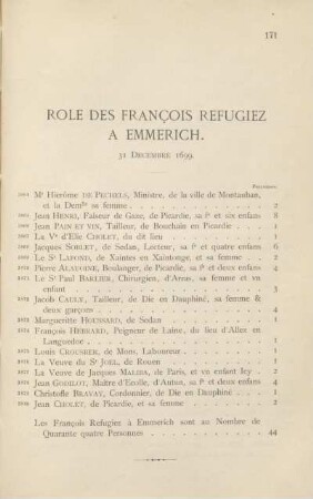 Role des françois refugiez à Emmerich. 31 décembre 1699