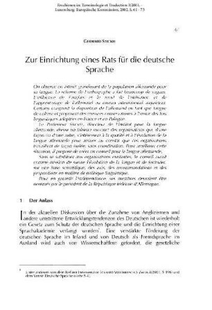 Zur Einrichtung eines Rats für die deutsche Sprache