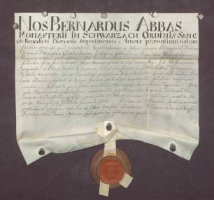 Lehenrevers des Abts Bernhard im Kloster Schwarzach gegen Bischof Franz Christoph zu Speyer wegen erhaltener Belehnung über das von dem Stift Speyer zu Lehen rührende Kloster Schwarzach