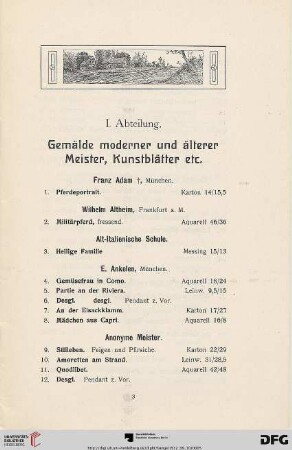 I. Abteilung. Gemälde moderner und älterer Meister, Kunstblätter etc. (Nr. 1-203)