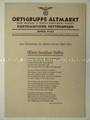 Mitteilungsblatt der NSDAP-Ortsgruppe Dresden-Altmarkt zum Geburtstag von Hitler