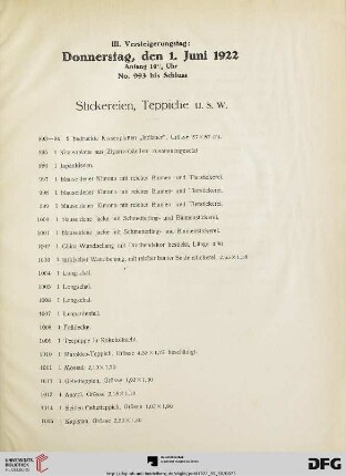 III. Versteigerungstag (Nr. 993-1034)