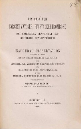 Ein Fall von carcinomatöser Pfortaderthrombose bei Carcinoma ventriculi und geheilter Lungenphtise : Inaug.-Diss.