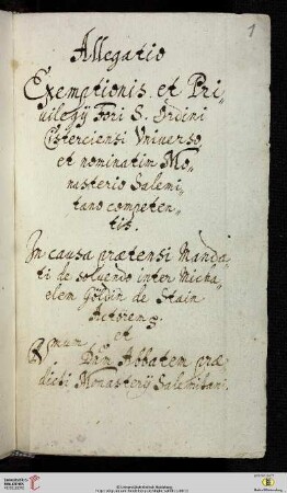 Allegatio exemptionis et privilegii fori monasterio Salemitano competentis