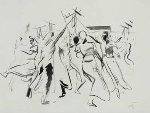 Erntetanz. Weltfestspiele 1951 : Kinder, Hans: Erntetanz - Weltfestspiele, Berlin 1951. Zeichnung, Pinsel, Tusche aus Zeichenpapier; 490 x 607 mm. Dresden: Kupferstich-Kabinett C 1951-264. BAE 497