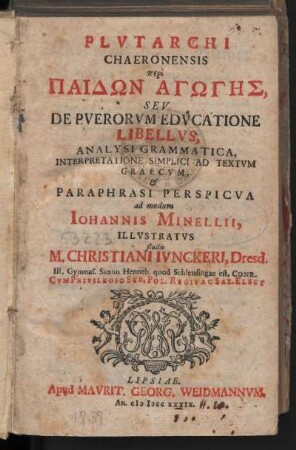 Plvtarchi Chaeronensis Peri Paidōn Agōgēs