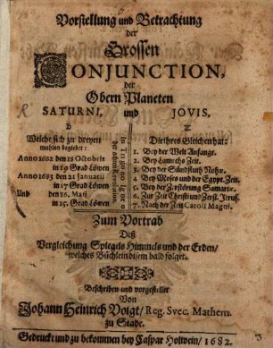 Vorstellung ... der grossen Conjunction der obern Planeten Saturni et Jovis