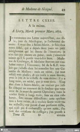 Lettre CX. A la même. A Livry, Mardi premier Mars, 1672
