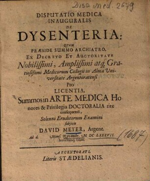 Disputatio Medica Inauguralis De Dysenteria