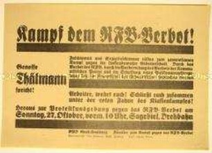 Programmatischer Aufruf der KPD Groß-Hamburg zur Protestkundgebung am 27. Oktober mit Rede Ernst Thälmanns gegen das Verbot des Roten Frontkämpferbundes