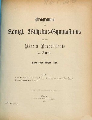 Programm des Königl. Wilhelms-Gymnasiums zu Emden : Schuljahr ..., 1878/79