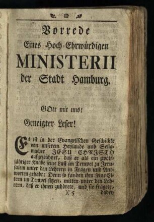 Vorrede eines hoch-ehrwuerdigen Ministerii der Stadt Hamburg