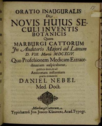 Oratio Inauguralis De Novis Huius Seculi Invrentis Botanicis