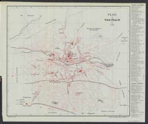Plan von Auerbach i. Vogtland , 1: 10 000, Lithographie, 1909 : Plan von Auerbach. - 1:10 000. - Auerbach i. Vogtland : Kellig, 1909. - 1 Kt. : zweifarb. Lithogr. ; 34 x 30 cm +++ Mit Gebäudekennung u. Straßenverz.