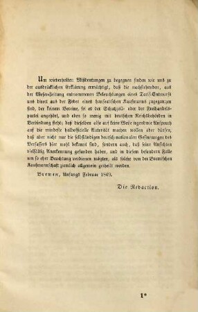 Beleuchtungen des Entwurfs zu einem Zoll-Tarif für das vereinte Deutschland : Frankfurt a/M. 1848 ; abgdruckt aus der Weser-Zeitung Nr. 1583, 1584, 1589, 1590, 1591 und 1594