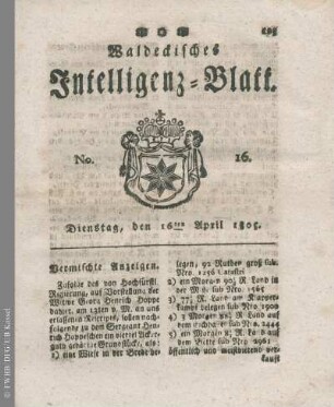 No. 16, Dienstag, den 16ten April 1805