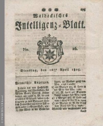 No. 16, Dienstag, den 16ten April 1805