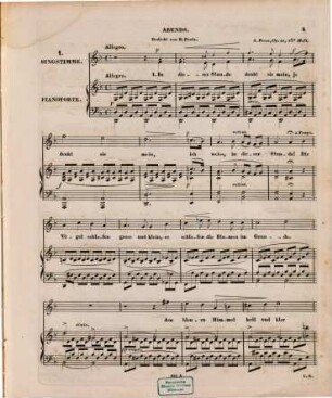 Lieder und Gesänge : für 1 Sopran- oder Tenor-Stimme mit Begl. d. Pianoforte. 32. Abends : op. 51. - H. 1. - Pl.-Nr. 683. - 8 S.