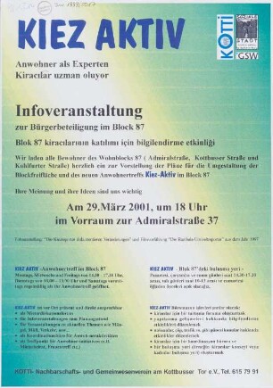 Plakat: "Kiez Aktiv" Anwohnertreffen im Block 87