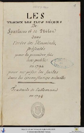 Les travaux les plus récents de Spartacus et de Philon dans l'ordre des illuminés avec Supplément