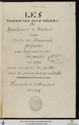 Les travaux les plus récents de Spartacus et de Philon dans l'ordre des illuminés avec Supplément