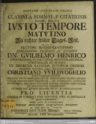Disputatio Inauguralis Iuridica De Clausula Formulae Citationis Inseri Solita Iusto Tempore Matutino