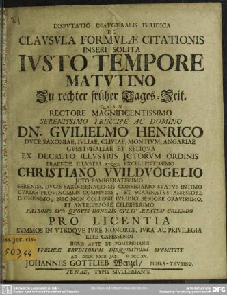 Disputatio Inauguralis Iuridica De Clausula Formulae Citationis Inseri Solita Iusto Tempore Matutino