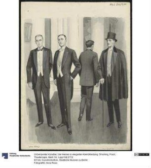 Vier Herren in eleganter Abendkleidung: Smoking, Frack, Theatercape
