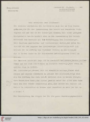 Brief von Fritz Saxl im Auftrag von Aby Moritz Warburg an Franz Boll