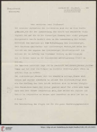 Brief von Fritz Saxl im Auftrag von Aby Moritz Warburg an Franz Boll