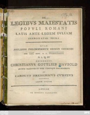 De Legibvs Maiestatis Popvli Romani Latis Ante Legem Ivliam : Exercitatio Prima