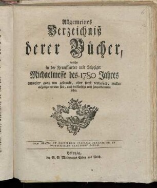 1780,2: Allgemeines Verzeichniß derer Bücher, welche in der Frankfurter und Leipziger Michaelmesse des 1780 Jahres
