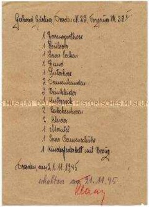 Handschriftliche Auflistung einer Kleiderspende für die Geschädigten des Bombenangriffs auf Dresden durch ein ehemaliges Mitglied der NSDAP, mit Empfangsbestätigung