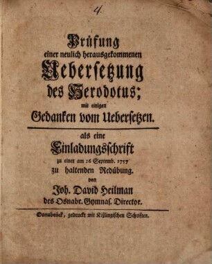 Prüfung einer neulich herausgekommenen Uebersetzung des Herodotus : mit einigen Gedanken vom Uebersetzen