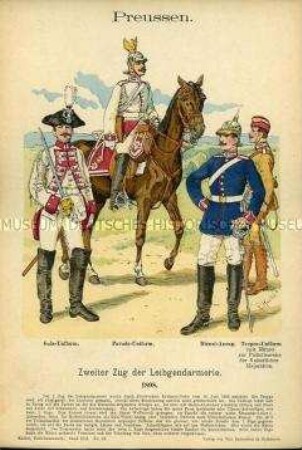 Uniformdarstellung, Leibgendarmen in Gala-, Parade-, Tropen-, Dienst-Uniform, Königreich Preußen, 1898.