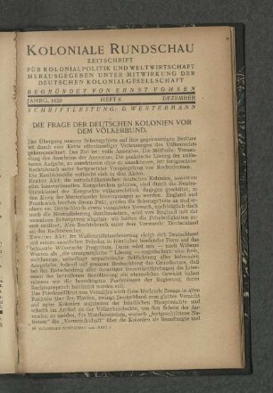 Die Frage der deutschen Kolonien vor dem Völkerbund.
