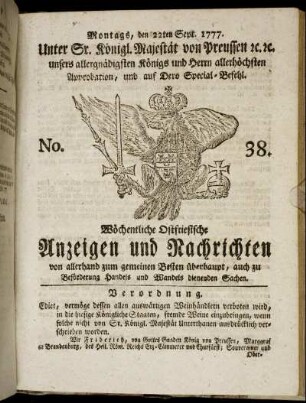 No. 38. Montags, den 22ten Sept. 1777.