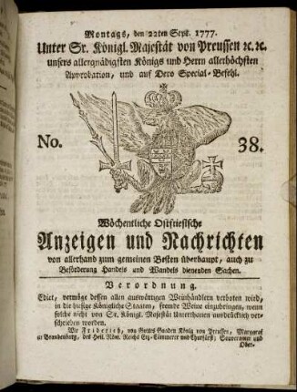 No. 38. Montags, den 22ten Sept. 1777.