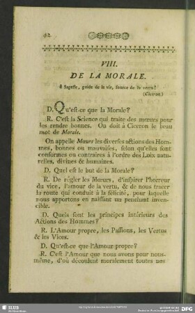 VIII. De La Morale