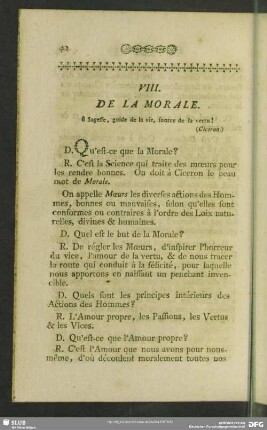 VIII. De La Morale
