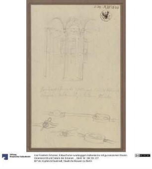 Entwurf einer rundbogigen Hallenkirche mit gusseisernen Säulen. Innenansicht und Details der Eisenanker und Gelenkstücke