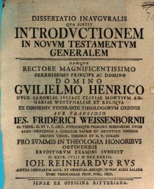 Diss. inaug. qua sistit introductionem in N. T. generatim