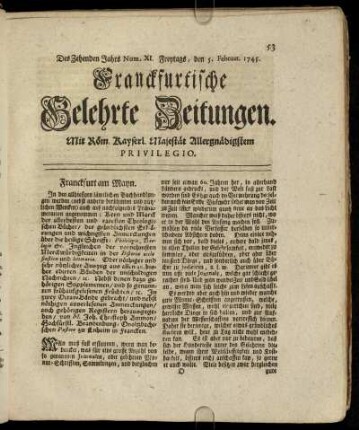 Num. XI. Freytags, den 5. Februar. 1745 - Num. XX. Dienstags, den 9. Mart. 1745