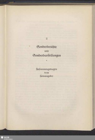 II Sonderberichte und Sonderdarstellungen