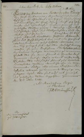 Ernennung des Adjunkten Gottfried Achenwald zum außerordentlichen Professor der Philosophischen Fakultät.