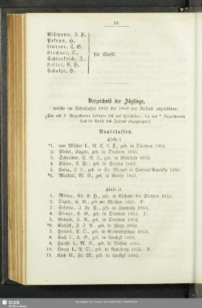 Verzeichniß der Zöglinge, welche im Schuljahre 1867 bis 1868 der Anstalt angehörten