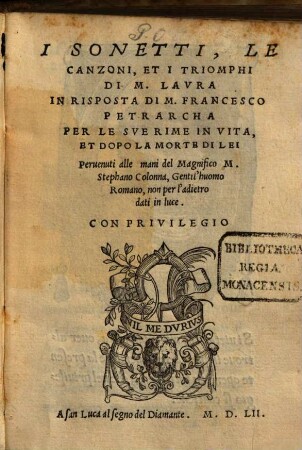 I sonetti, le canzoni, et i triomphi di M. Laura in risposta di M. Francesco Petrarcha