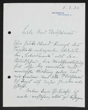 Brief von Hedwig Fischer an Margarete Hauptmann