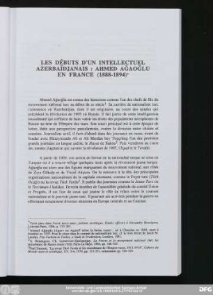 Les Débuts D'Un Intellectuel Azerbaïdjanais: Ahmed Ağaoğlu En France (1888-1894)